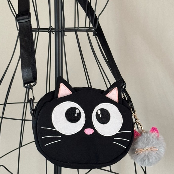 Unbranded Handbags - New Black Cat Crossbody Shoulder Purse Bag w/ Pink & Gray Bag Charm - 8” x 6”